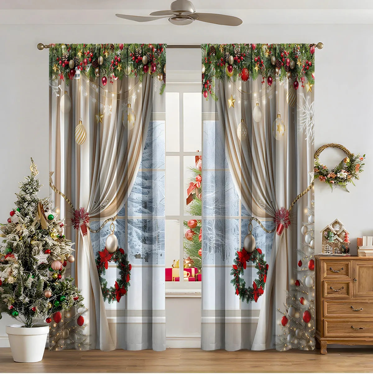Pair of 3D digitally printed Christmas curtains with a European pattern on polyester fabric.