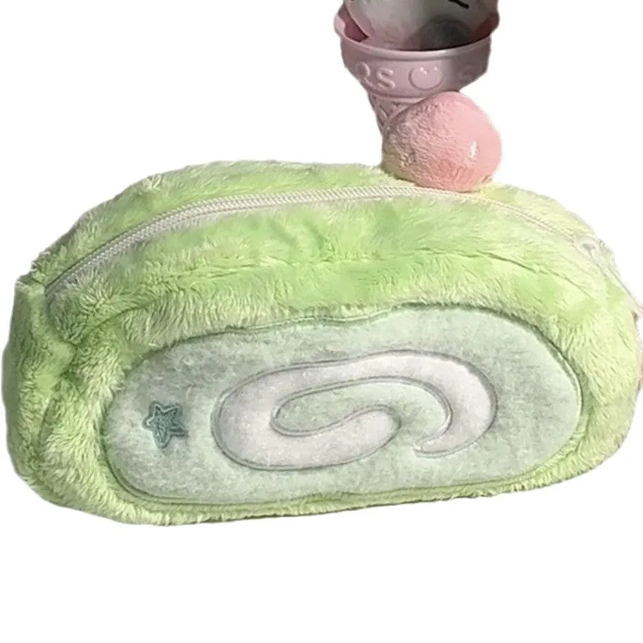 Velvet pencil case with Swiss roll cake pattern in Korean stationery style