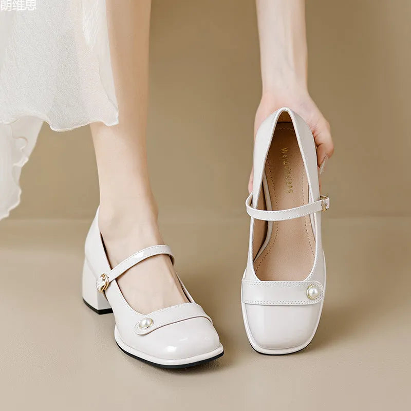 Women's apricot patent leather hiking shoe with chunky block heel and buckle closure
