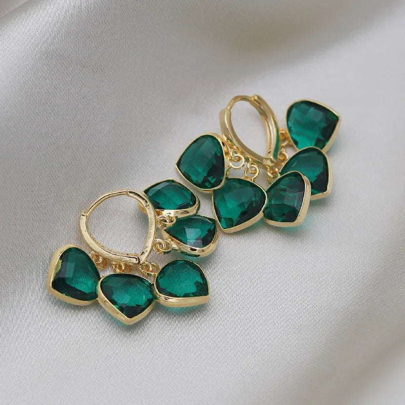 Korean style green heart pendant glass ear clip earrings with artificial gemstone detailing