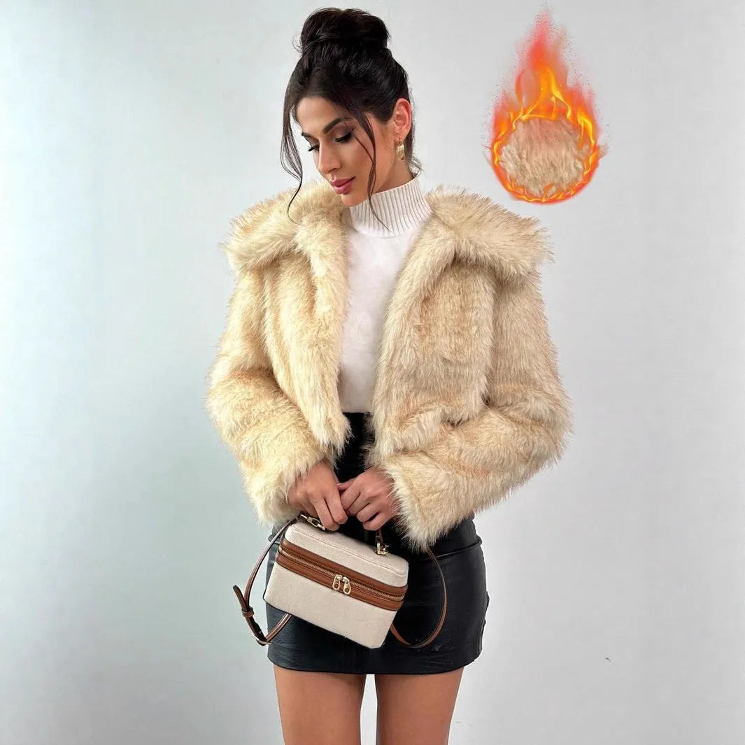 Artificial fur coat with fur collar in short 40cm length showing thick fabric texture