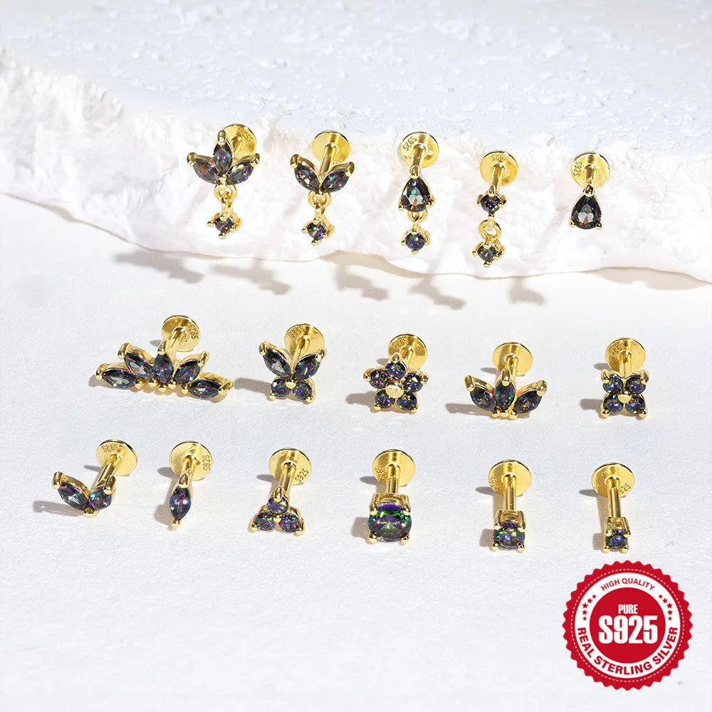 S925 sterling silver geometric ear stud with rainbow stone and super shiny gold-colour finish.