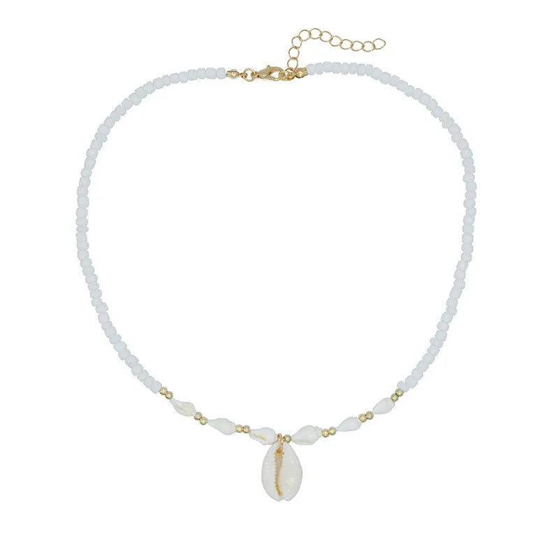 White conch shell bead necklace with mother pearl shellfish pendant on electroplated chain