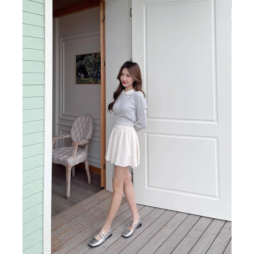 Women's silver sheepskin leather ballet flats with cross buckle strap and low flat heel