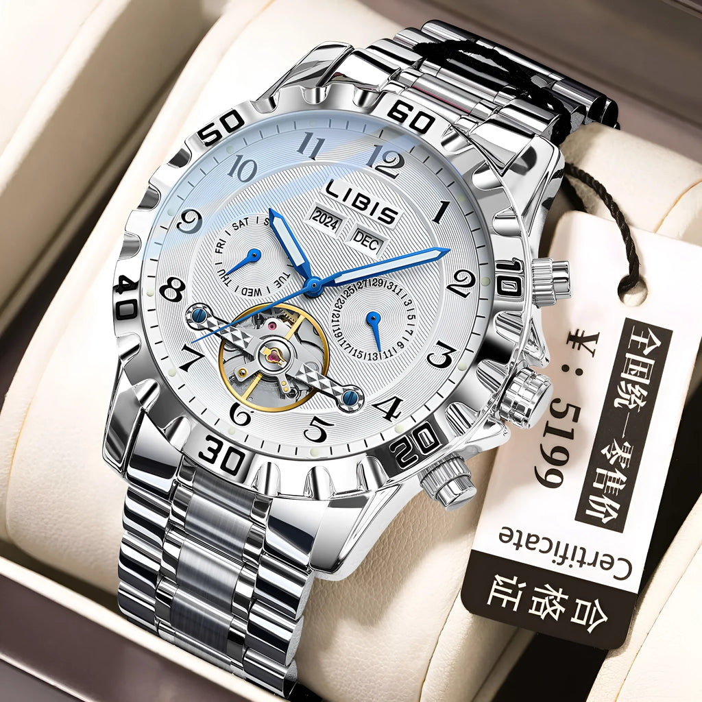 Men's automatic perpetual calendar mechanical watch with silver stainless steel strap and sapphire crystal glass face