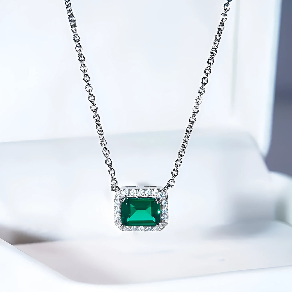 925 sterling silver necklace with green quadrilateral pendant, cross chain style, platinum electroplated finish