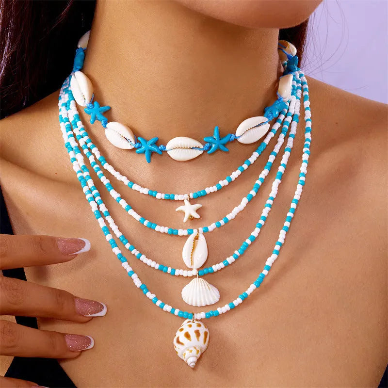 Women's starfish shell conch bead necklace five-piece set with blue and colourful electroplated alloy pendants