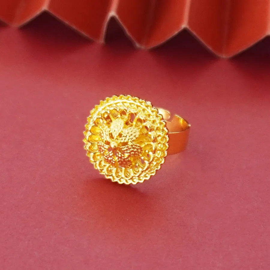 Gold-plated three-piece jewellery suit with three-layer flower design pendant, earrings, and ring on water wave chain
