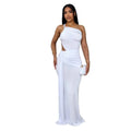 Women's milk silk one shoulder pleated long dress in solid colour with sleeveless design