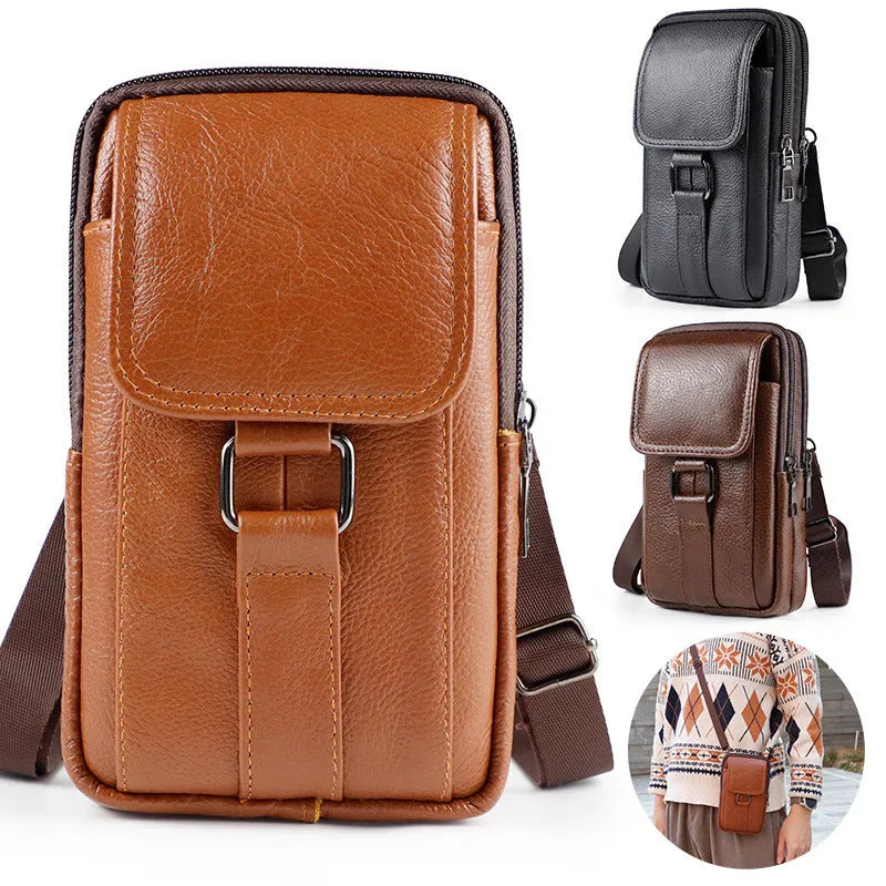 Men's genuine leather crossbody belt bag in vertical square shape with lock detail