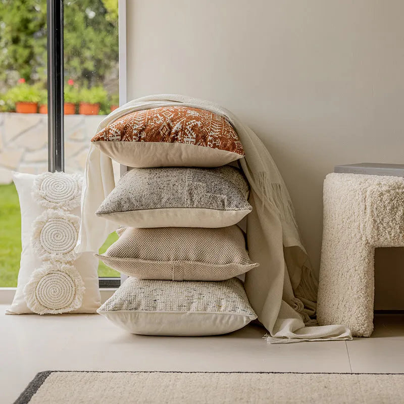 45cm square cushion pillow in solid colour with decorative edge stitching on sofa