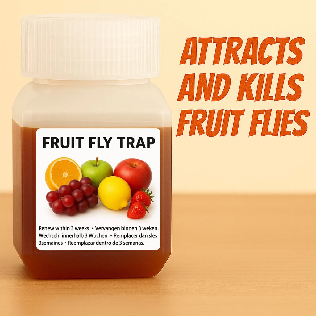 Bottle of SK003 fruit fly bait liquid for use in pest traps.