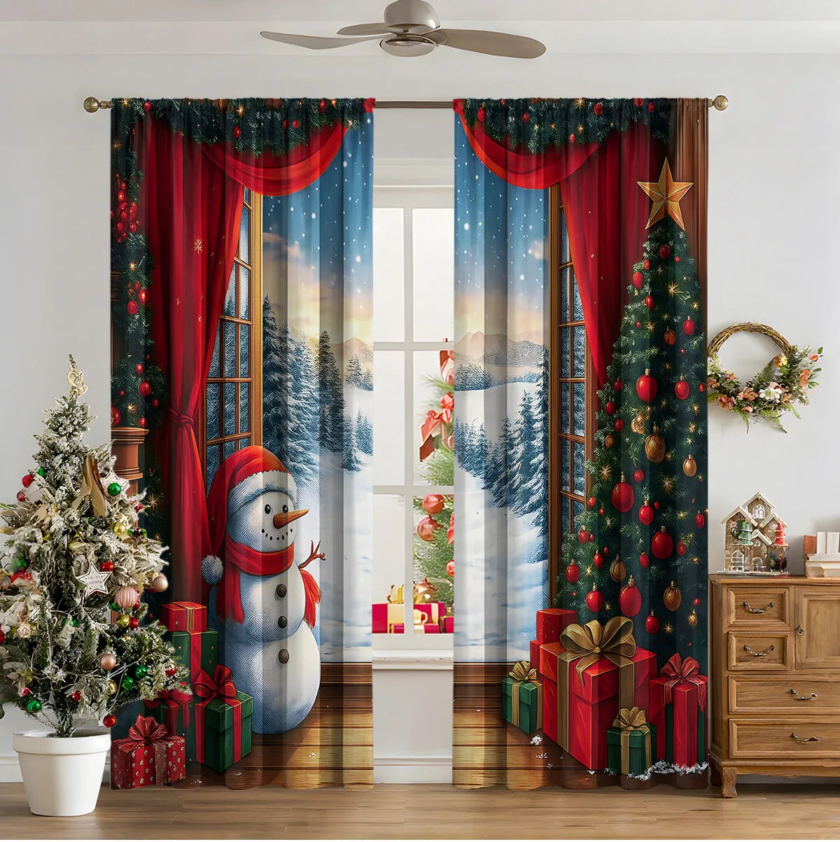 Pair of 3D digitally printed Christmas curtains with a European pattern on polyester fabric.