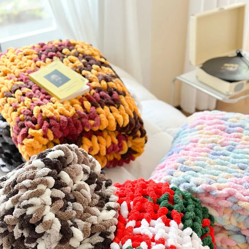 Chenille cover blanket with striped hand-dyed pattern in colour options including caramel mango.