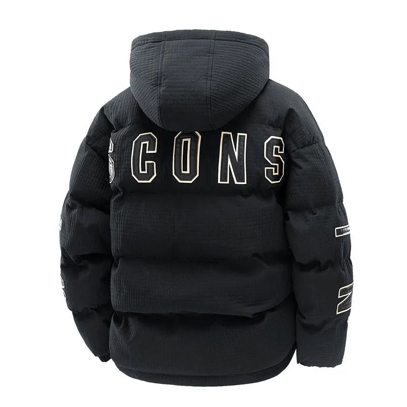 Men's black hooded winter coat with letter print, side pockets, and a cardigan style.