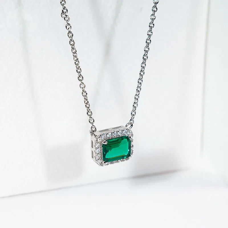925 sterling silver necklace with green quadrilateral pendant, cross chain style, platinum electroplated finish