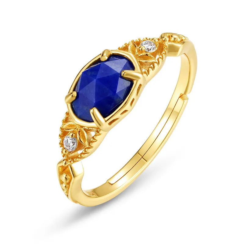 Lapis lazuli ring with geometric silver setting showing forest night sky colour stone
