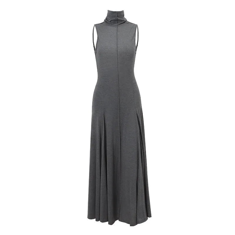 Grey women's slim-fit half turtleneck backless dress with high waist on a mannequin