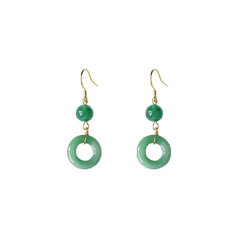 Green Chinese peace buckle geometric earrings with zinc alloy construction and 14K gold plating