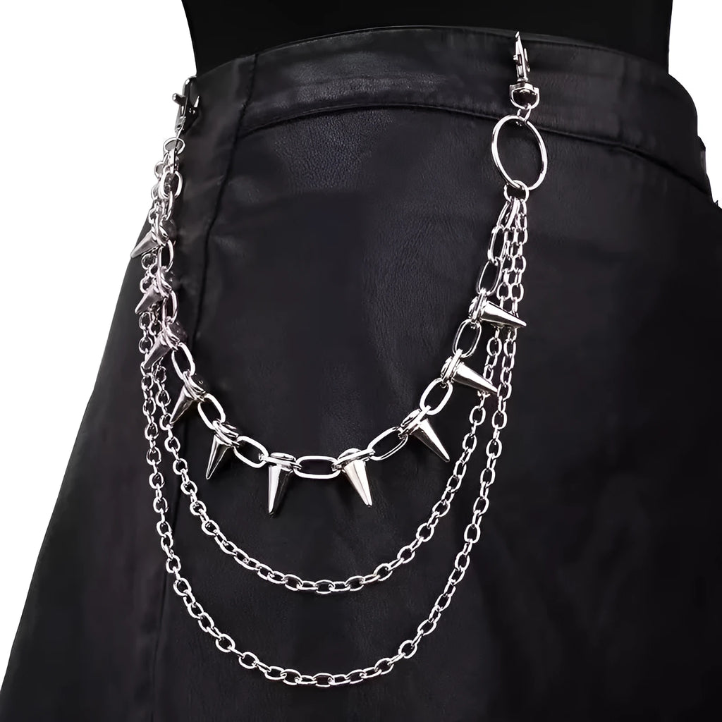 Silver metal punk fashion chain ornament with double layer rivet design measuring 115cm length