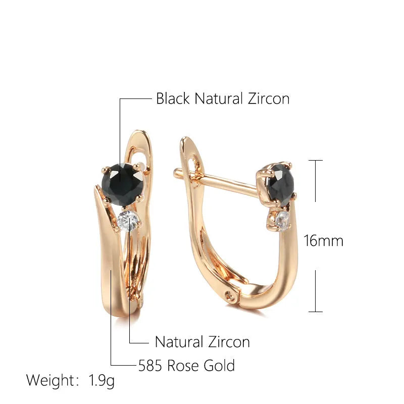 Gold women's earrings with black agate stone, geometric retro design in drop shape