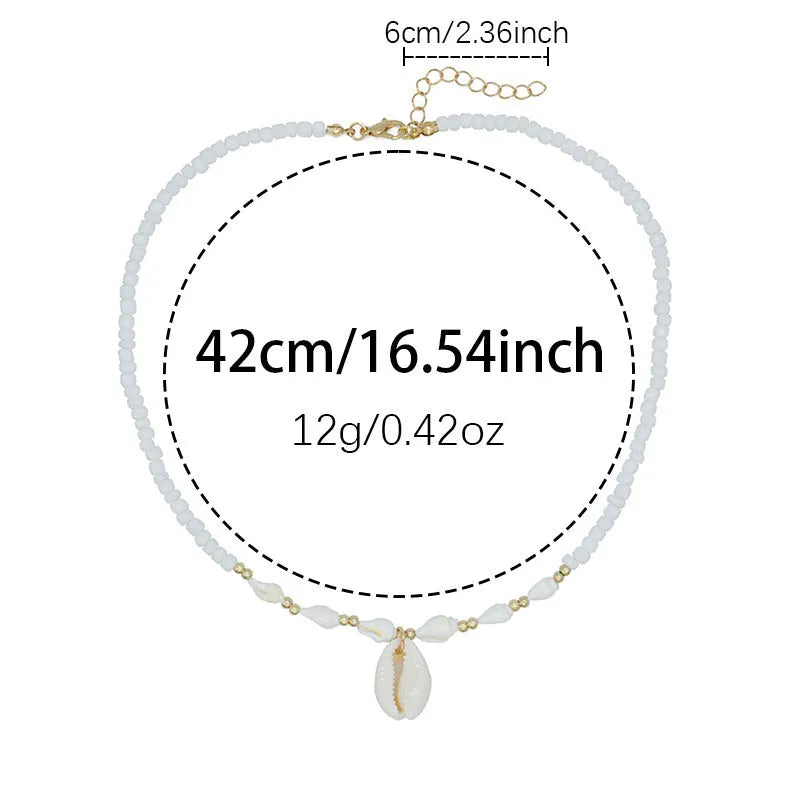 White conch shell bead necklace with mother pearl shellfish pendant on electroplated chain