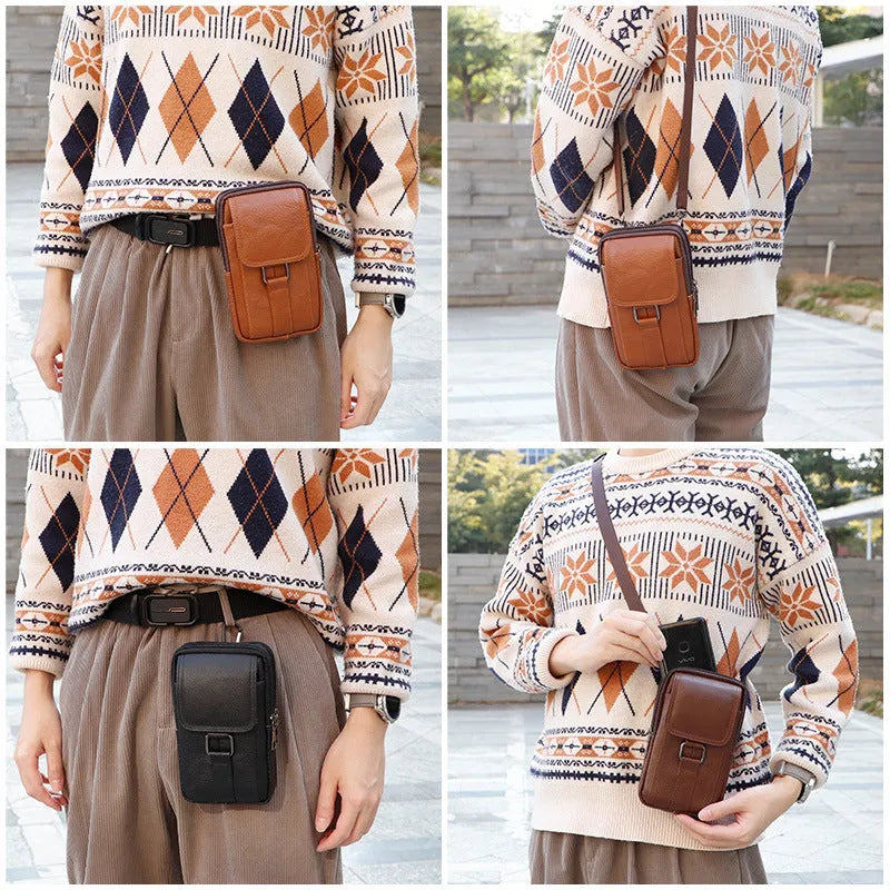 Men's genuine leather crossbody belt bag in vertical square shape with lock detail