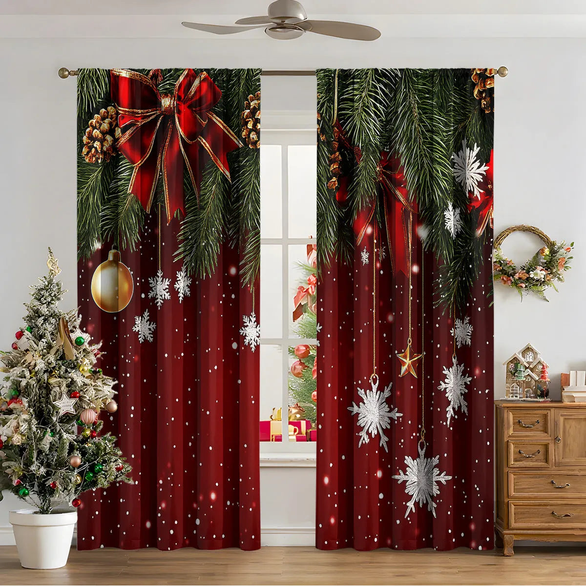 Pair of 3D digitally printed Christmas curtains with a European pattern on polyester fabric.