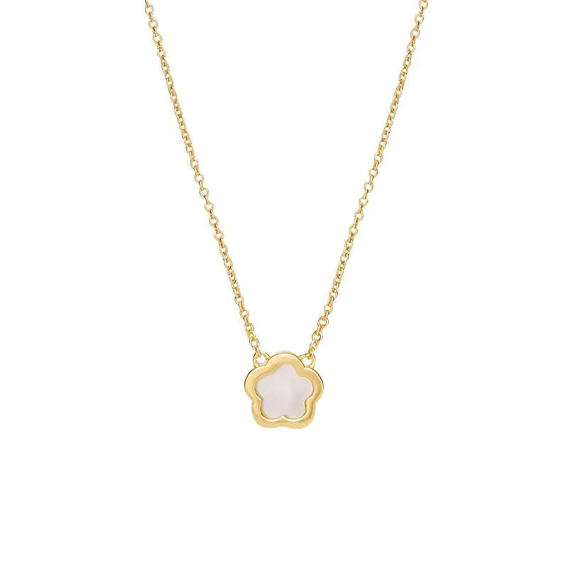 White Mother Shell Flower necklace with gold or silver chain on display