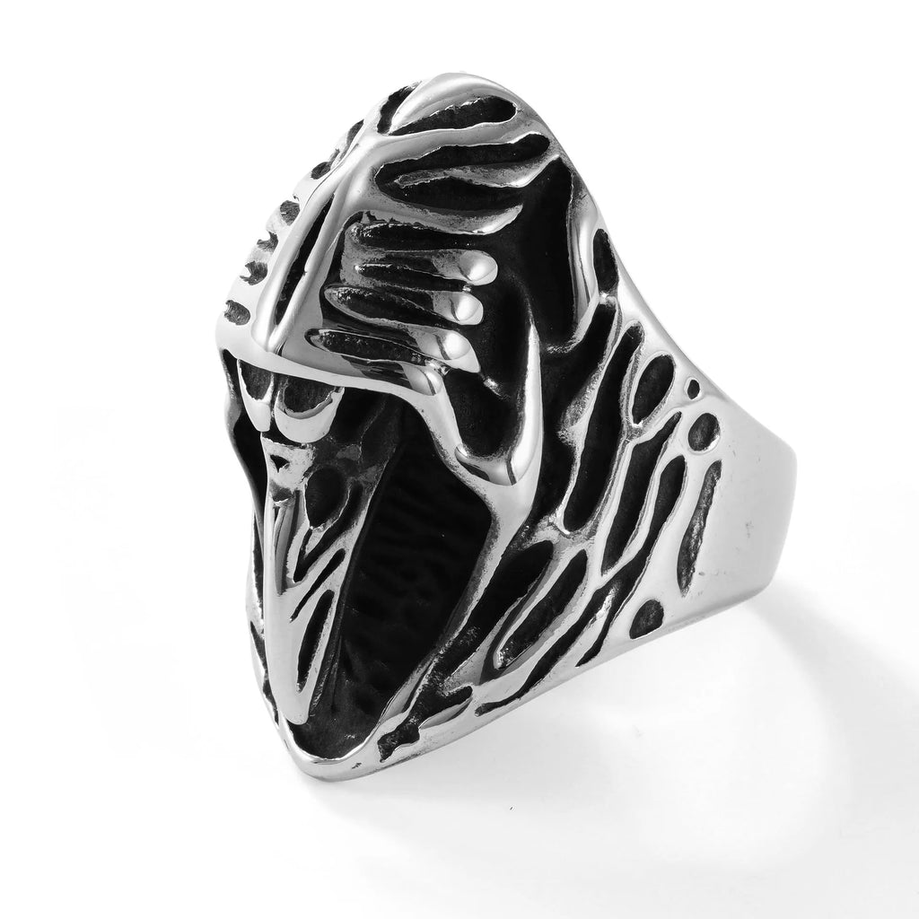Black stainless steel crow punk ring with geometric design on finger