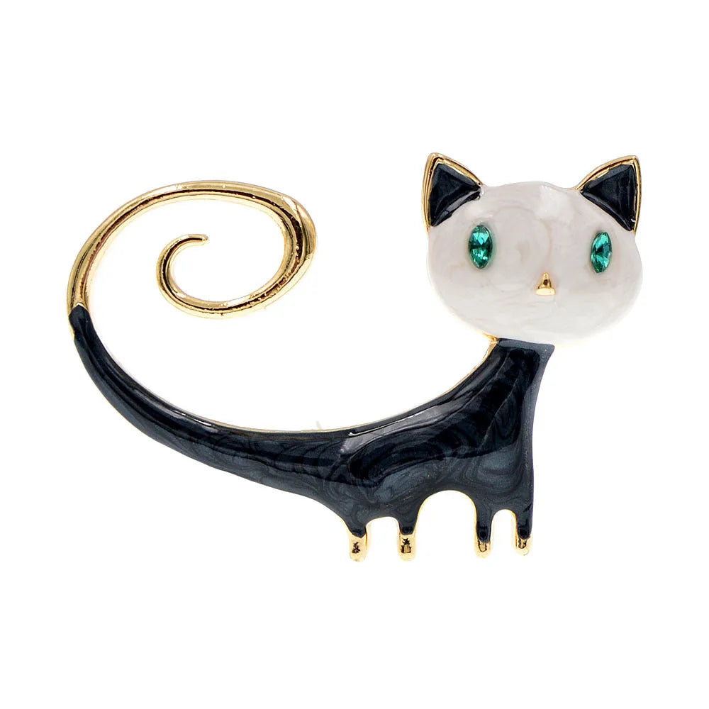 Personalised painted cat tail up brooch in alloy metal, available in white or orange colour options.