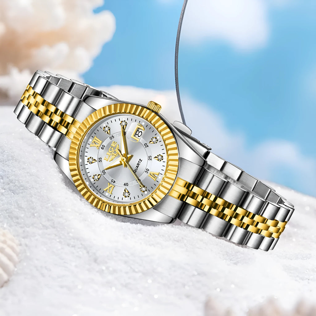 Women's waterproof quartz fashion watch showing gold case with black dial from available colour options