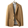 Men's grey slim fit wool blend suit jacket with notch lapel, shown on a model.