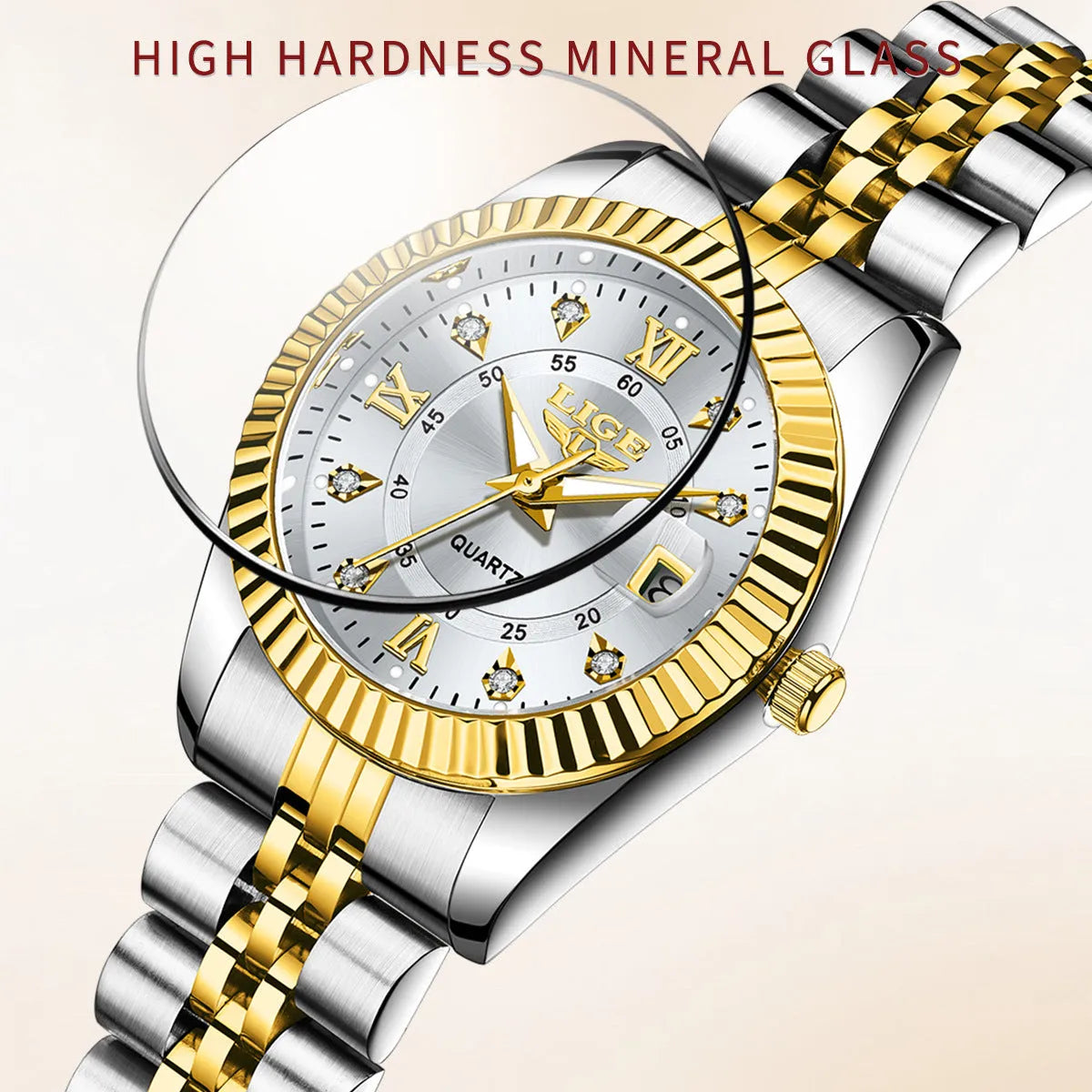 Women's waterproof quartz fashion watch showing gold case with black dial from available colour options