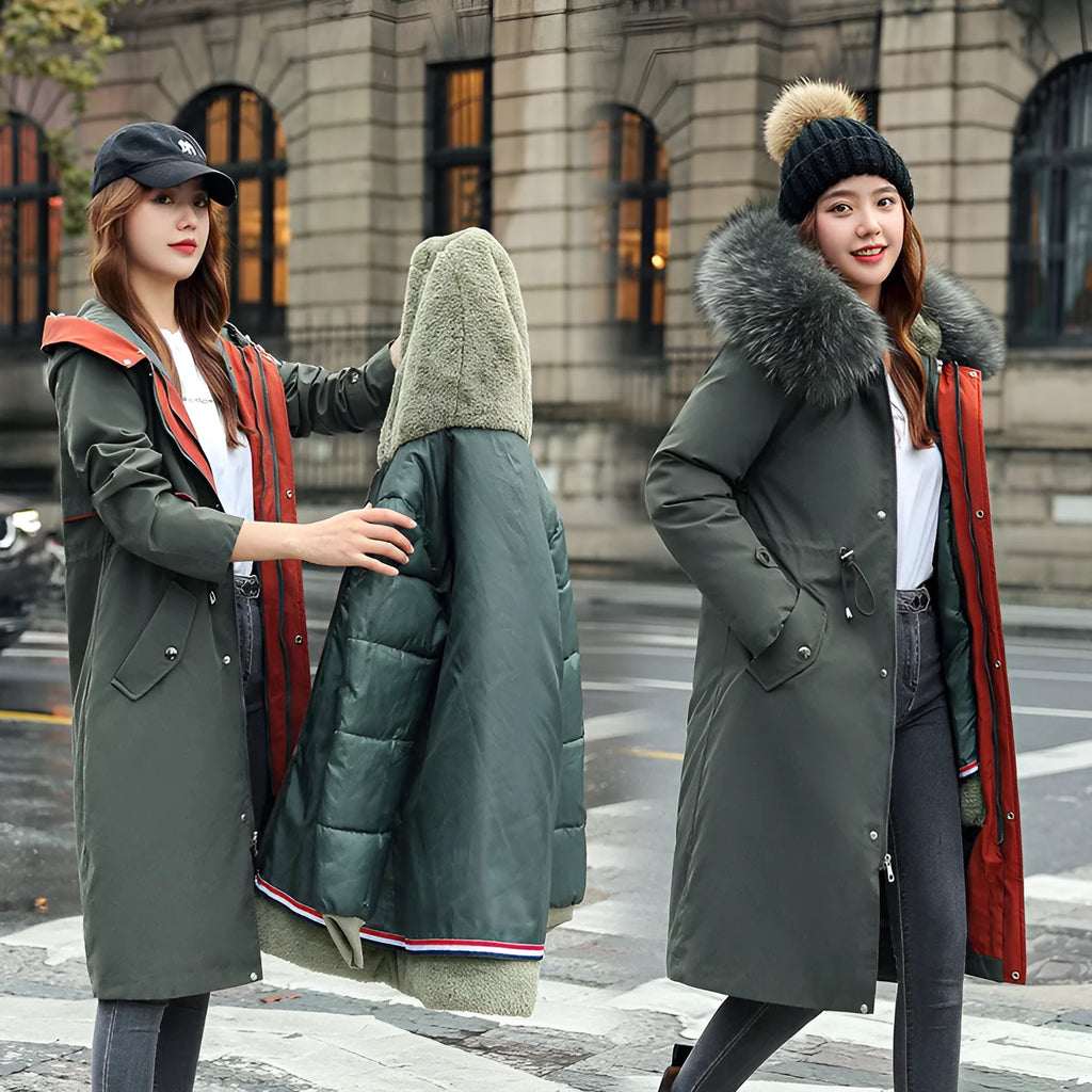 Women's long cotton-padded fleece trench coat in six colours with 100cm length