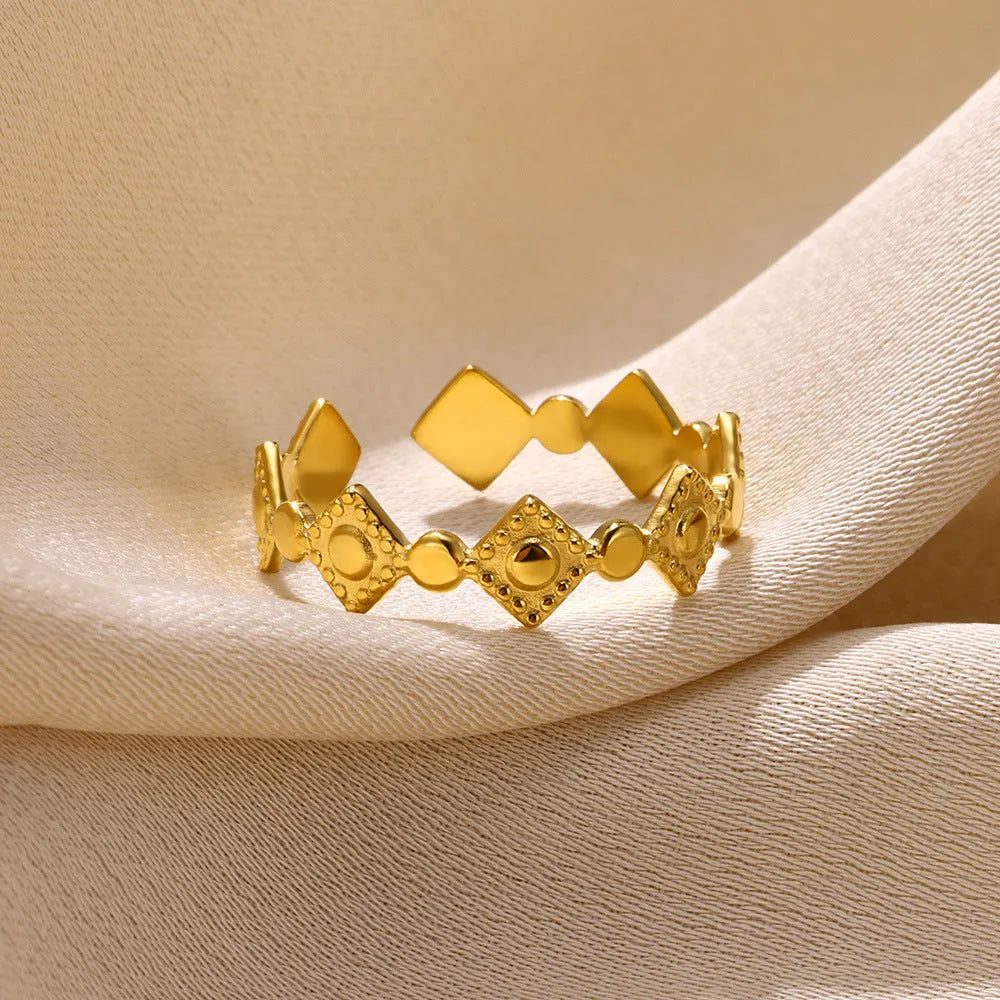 Geometric titanium steel women's ring with gold diamond finish and adjustable band