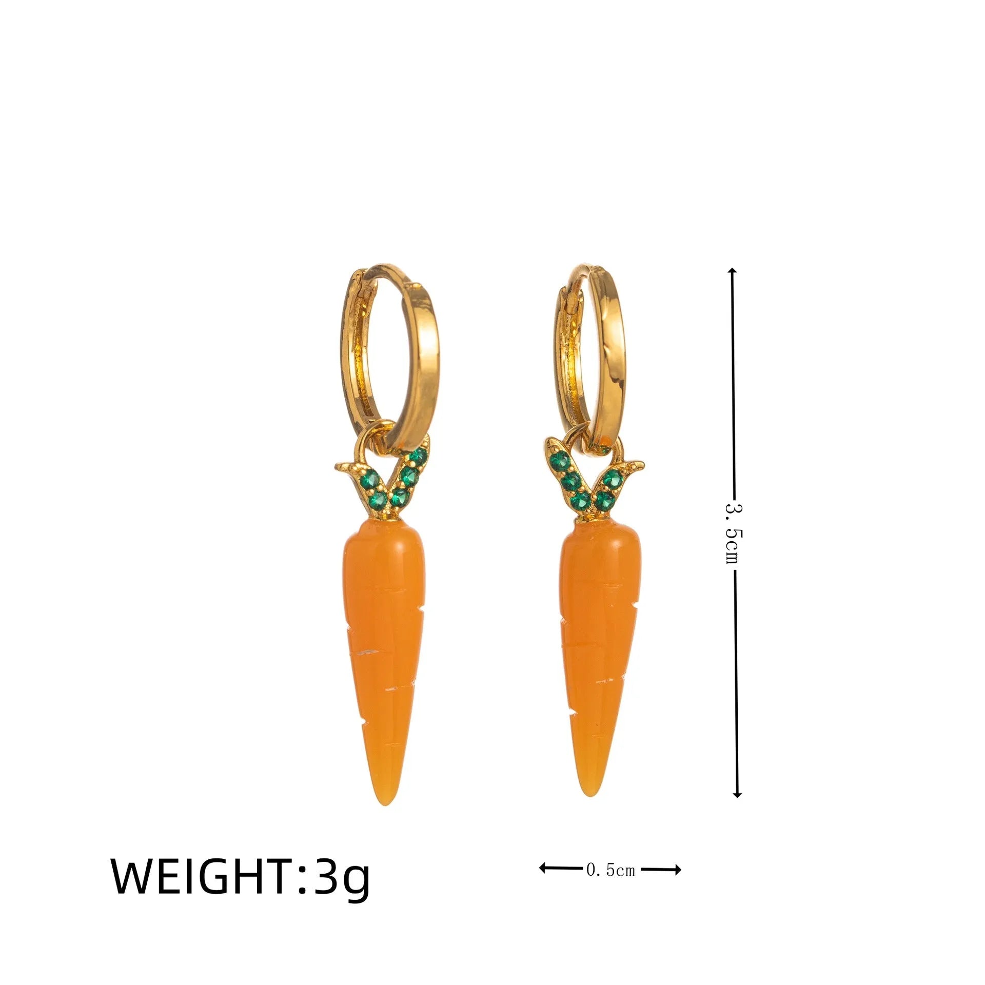Copper electroplated earrings with detailed carrot, orange, blueberry, chilli, lemon, olive, and peach fruit vegetable designs.