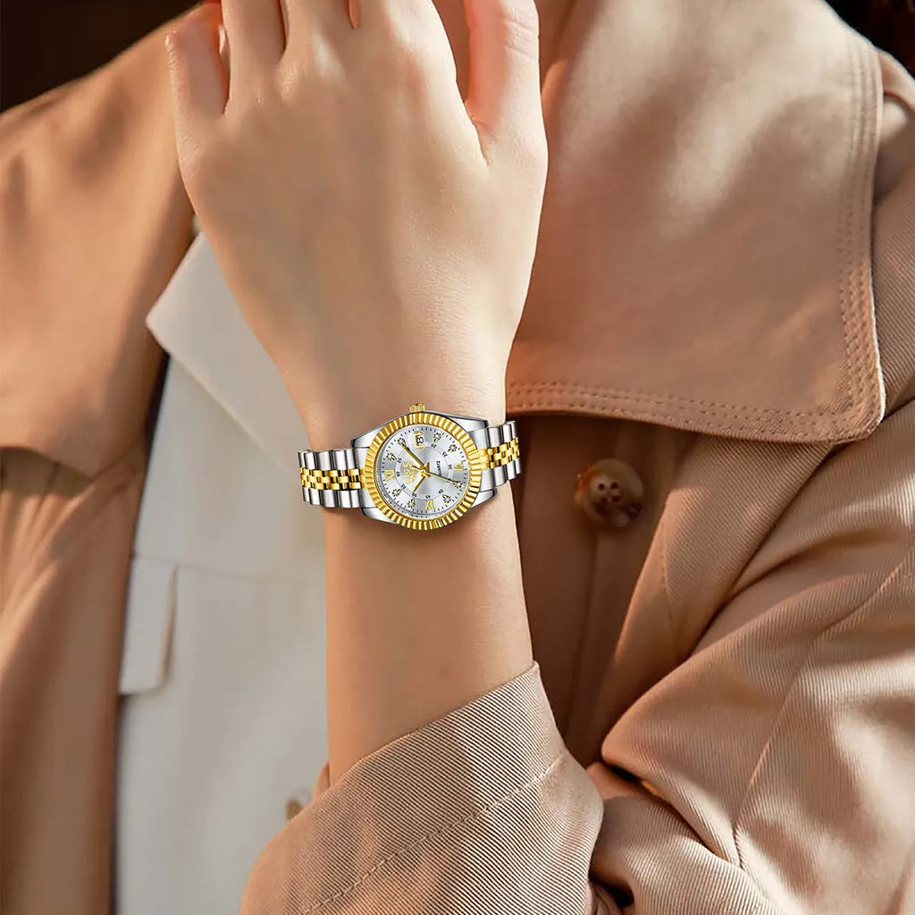 Women's waterproof quartz fashion watch showing gold case with black dial from available colour options