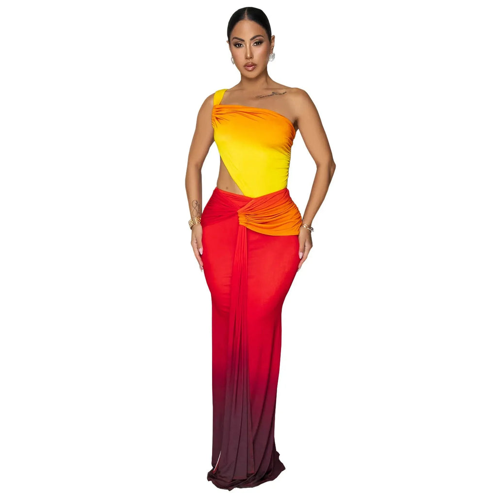Women's cross-shoulder gradient maxi dress in polyester with high waist and sleeveless design