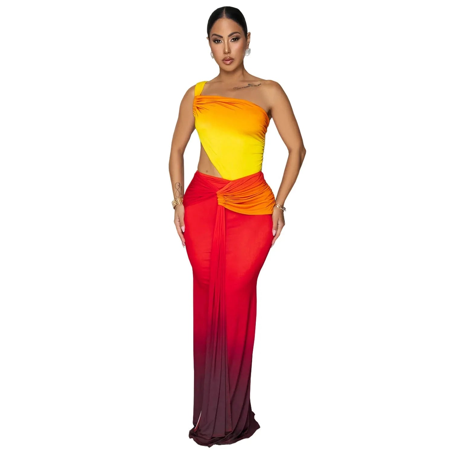 Women's cross-shoulder gradient maxi dress in polyester with high waist and sleeveless design