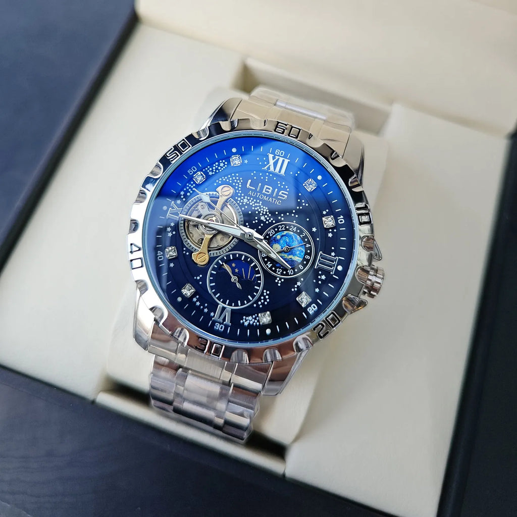 Men's silver automatic mechanical watch with black dial, luminous markers, and genuine leather strap