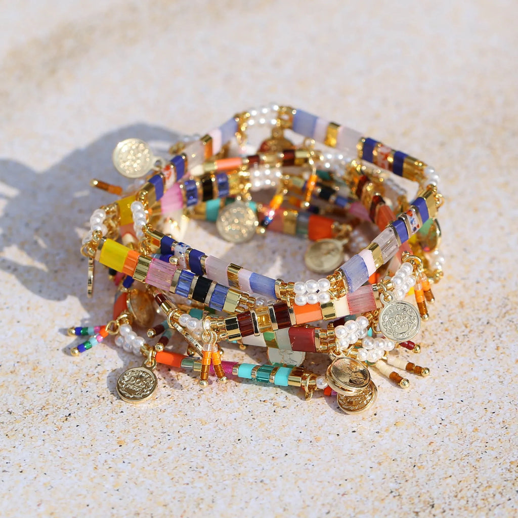 Women's handmade bracelet with imitation pearls and coloured glass beads in original design