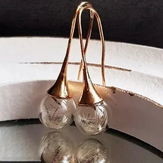 Close-up of transparent glass dandelion seed earrings on a French hook in silver finish.
