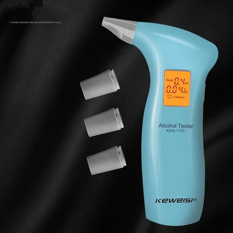 Portable orange LED breath alcohol tester with replaceable mouthpieces in black and blue colour options
