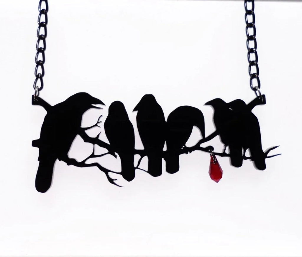 Black electroplated alloy crow pendant necklace with cross chain design