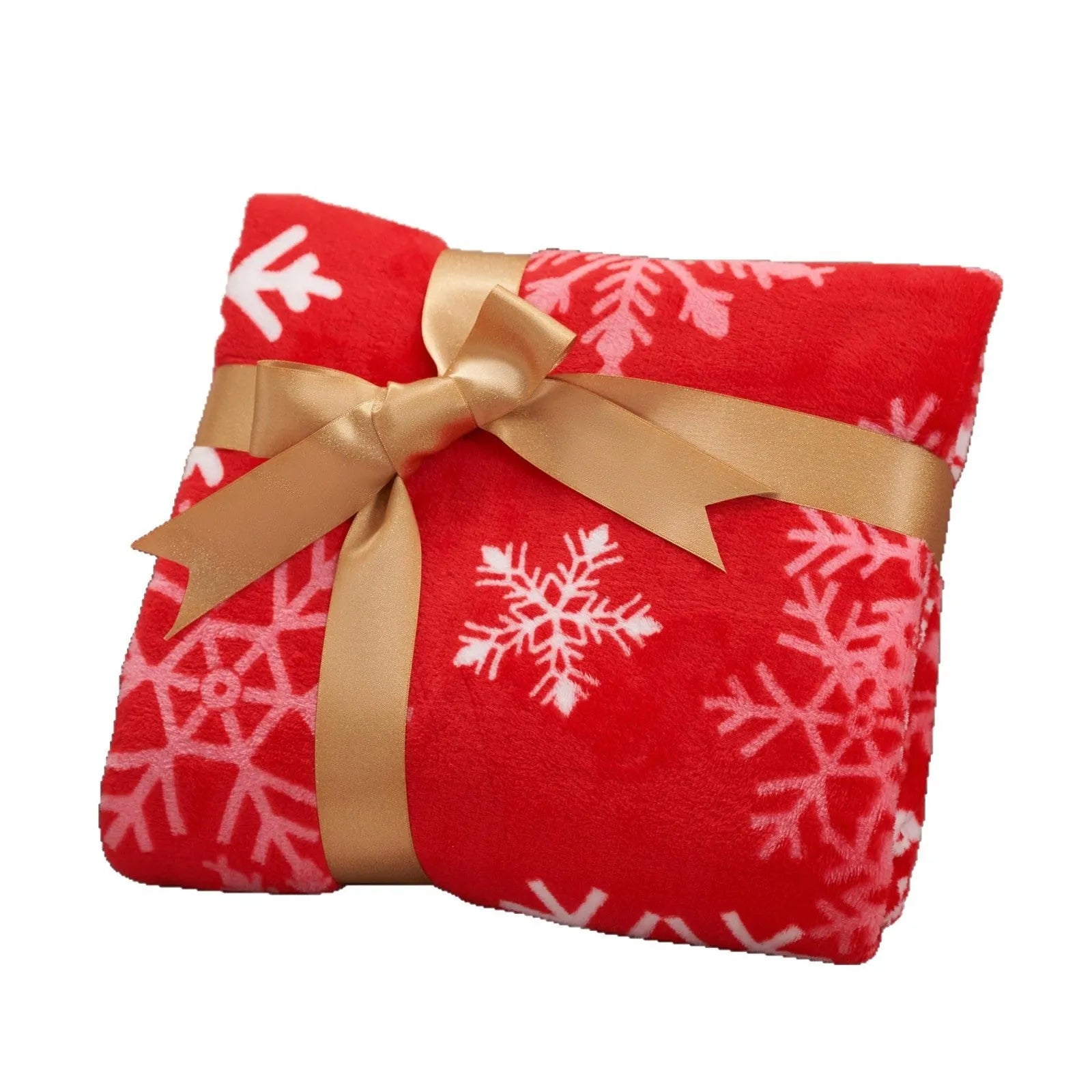 Soft red American style flannel Christmas blanket draped over a sofa