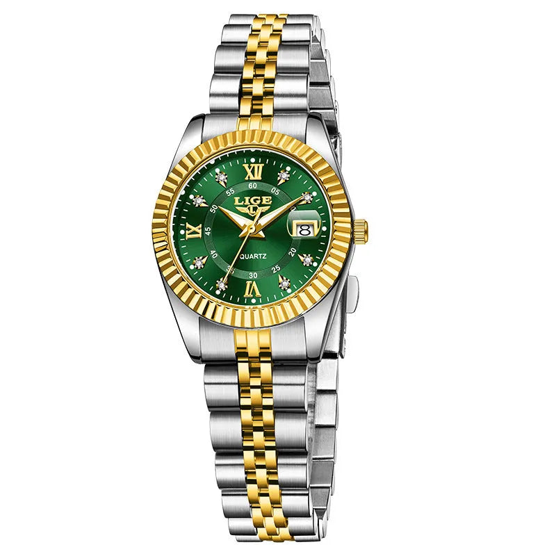 Women's waterproof quartz fashion watch showing gold case with black dial from available colour options