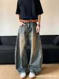 Men's retro blue distressed denim jeans with slim wide-leg fit showing micro elasticity fabric