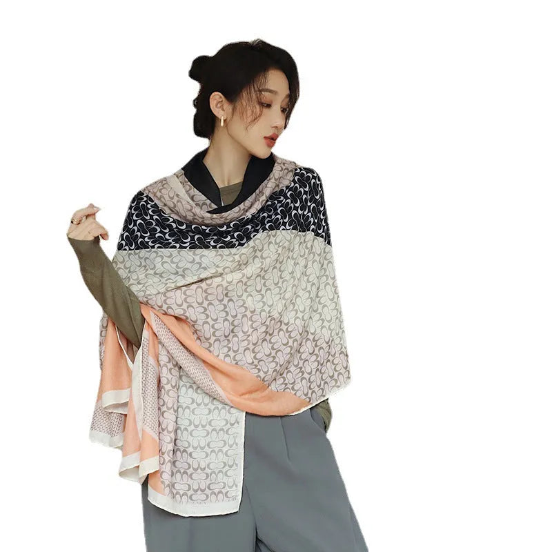 Vintage printed mid-length polyester scarf in 180cm by 90cm dimensions showing pattern detail