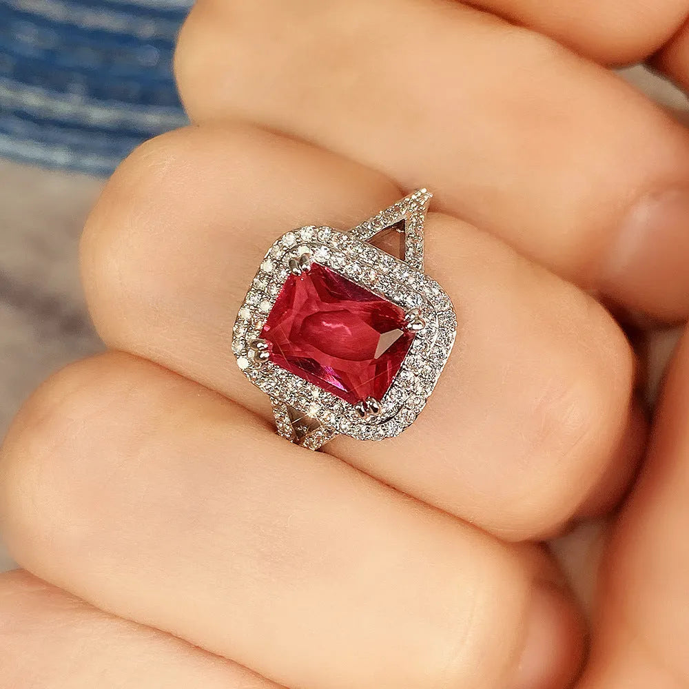 Women's copper geometric ring with square princess cut red rhinestones showing size options 6 through 10